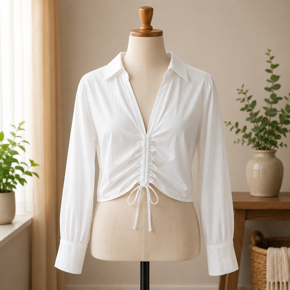 Love Potion Cinched Front Blouse Womens Small White Cotton Long Sleeve Cropped - Picture 1 of 10